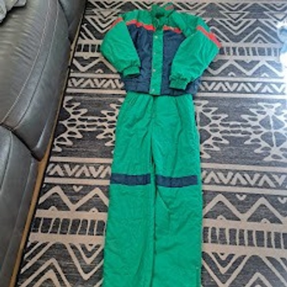 Vintage Runner Sport Ski Suit Green Navy Blue Colorblock Jacket and Bib Set M